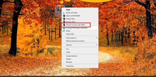 Nhấp chuột phải vào file, chọn “Extract to Autocad 2018 64bit” để giải nén