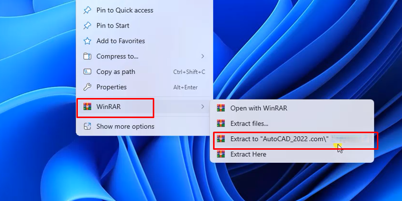 Nhấn chuột phải vào tệp Autocad 2022, chọn "Giải Nén Tại Đây" để cài đặt