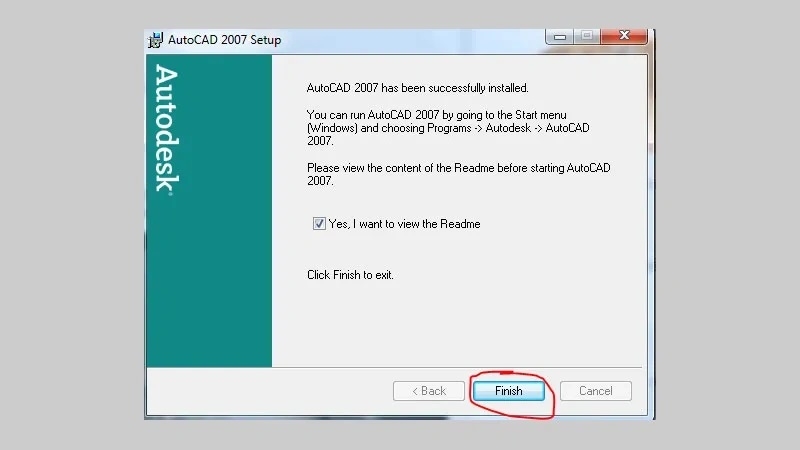 Nhấn "Finish" để hoàn tất cài đặt và bắt đầu dùng AutoCAD 2007