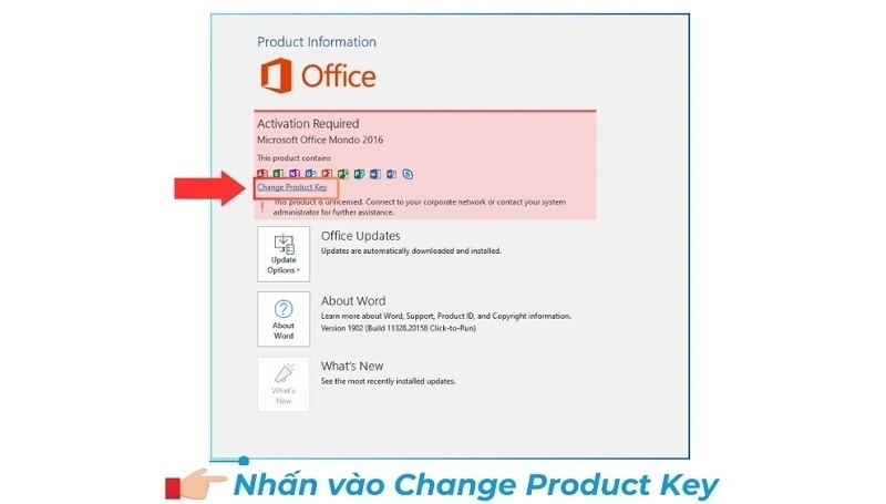 Nhấn Change Product Key, nhập key hợp lệ hoặc dùng KMS để kích hoạt