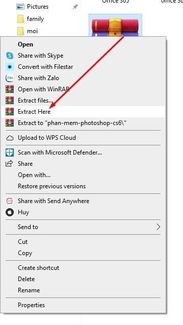 Nhấp chuột phải vào file tải về, chọn "Extract Here" và chờ giải nén