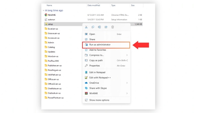 Sau khi giải nén, mở thư mục, nhấp chuột phải Setup.exe và chọn Run as Administrator