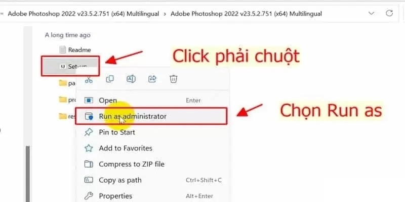 Mở thư mục, nhấn chuột phải Setup.exe và chọn Run as Administrator