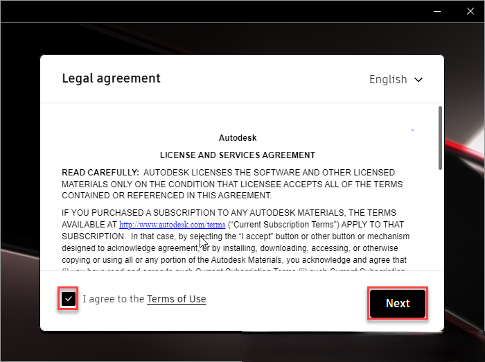 Tích chọn "I agree to the Terms of Use" rồi nhấn Next để tiếp tục