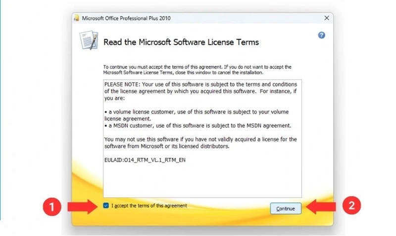 Khi hộp thoại xuất hiện, chọn "I accept the terms", rồi nhấn Continue