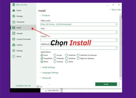 Mở Setup.exe, chọn ứng dụng, ngôn ngữ EN-US, nhấn Install Office