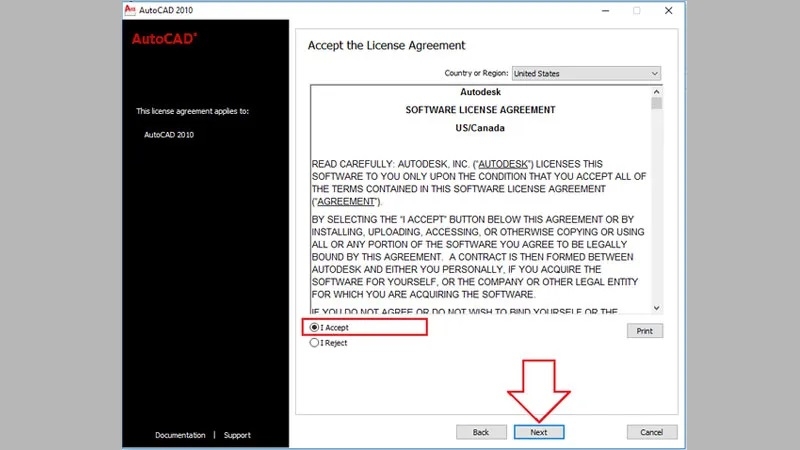 Chọn "Install Products", tích "Autocad 2010", nhấn Next và "I Accept"