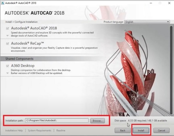 Chọn Autodesk Autocad 2018, bỏ tick không cần thiết, nhấn "Install"