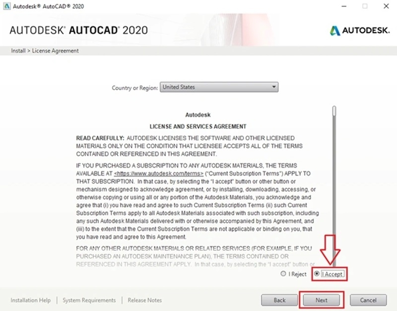 Chọn "Vietnam", tích "I Accept", rồi nhấn "Next" để tiếp tục cài đặt