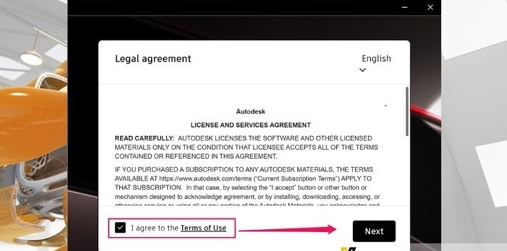 Tích vào "I agree to the Terms of Use", sau đó nhấn Next để tiếp tục