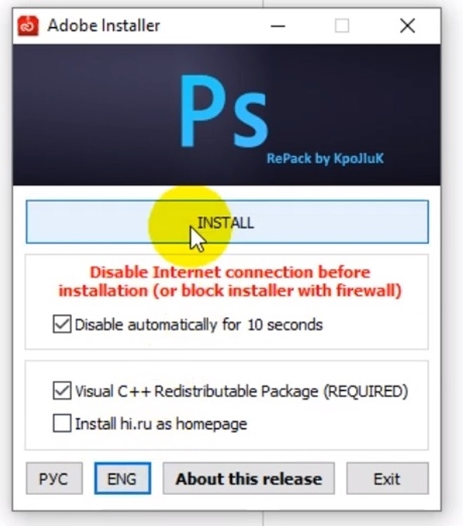 Chọn các mục cần thiết trong Adobe Installer rồi nhấn INSTALL
