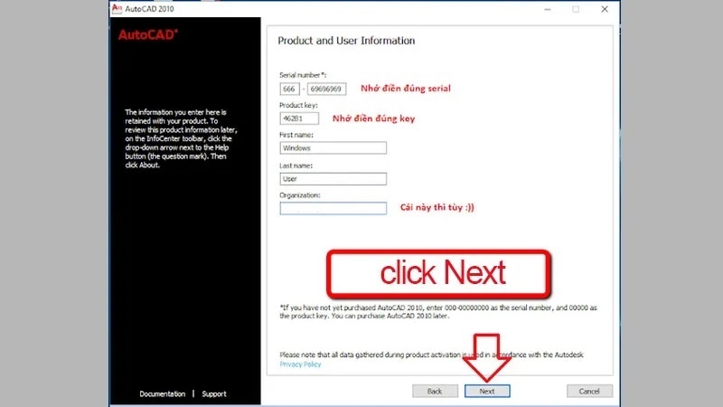 Nhập Product Key 462B1, Serial Number và nhấn Next để tiếp tục