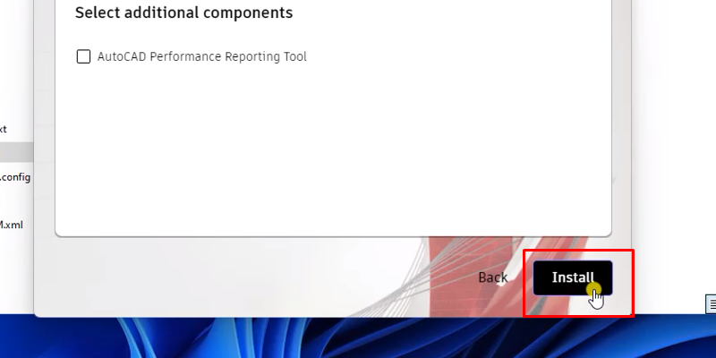 Tích vào ô Autocad Performance Reporting Tool (nếu cần) rồi nhấn Install
