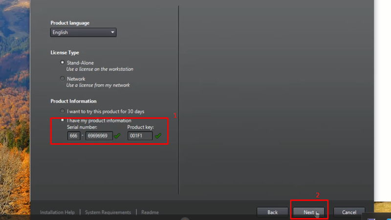 Nhập Serial Number 666-69696969 và Product Key 001F1, rồi nhấn Next