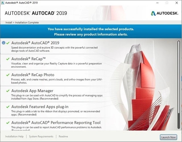 Nhấn "Launch Now" để mở Autocad 2019, chọn "No" nếu có yêu cầu restart