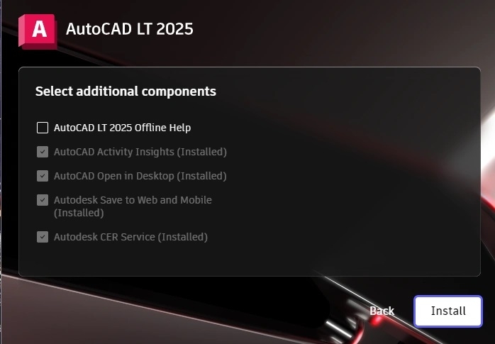 Chọn thành phần cần thiết, rồi nhấn Install để bắt đầu cài đặt