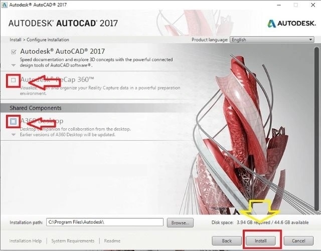 Chỉ chọn "Autodesk Autocad 2017", bỏ tick phần mềm không cần, rồi nhấn "Install"