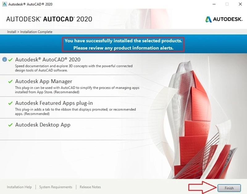 Nhấn "Finish" để hoàn tất, kết nối Internet và mở Autocad 2020